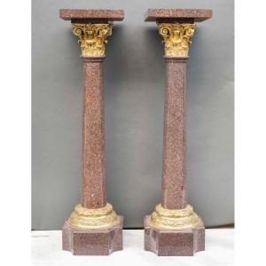 Pair Of Porphyry Marble Columns, Gilt Bronze Mounts, 19th Century
