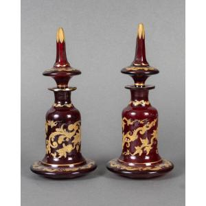 Pair Of Red Bohemian Crystal Bottles With Gold Enamel, 19th Century