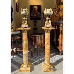 Pair Of Columns In Yellow Siena Marble And Gilded Bronze, 19th Century