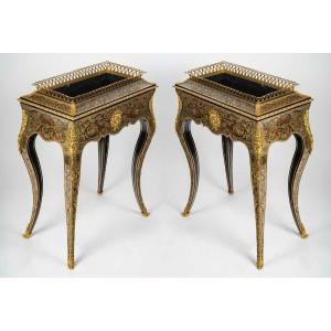Pair Of Colored Boulle Marquetry Planters – 19th Century Period