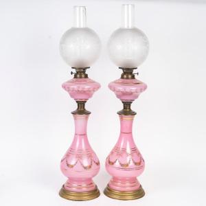 Pair Of Pink Opaline Oil Lamps – 19th Century