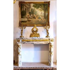 White And Black Marble Fireplace With Gilt Bronze Ornaments – 19th Century