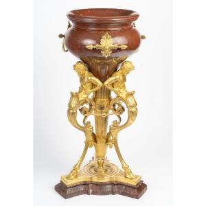19th-century Gilt Bronze Cup On A Red Marble Base