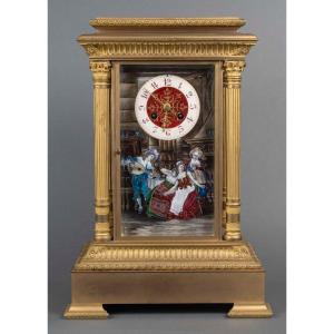 Rare Clock In Gilt Bronze And Enamel Plaques, Signed And Dated 1905