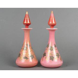 Rare Pair Of White And Pink Opaline Overlay Bottles, Enameled With Gold – 19th Century