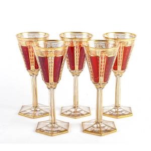 Set Of 5 Bohemian Enamelled And Gilded Glasses, 19th Century