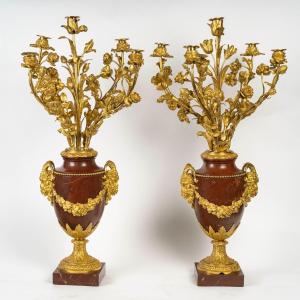 Ferdinand Barbedienne, Pair Of Rossi-antico Marble Candelabra, 19th Century