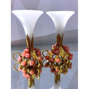 Pair Of Opaline Glass Horns Mounted In Brass – 19th Century