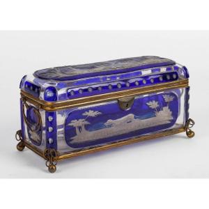 Hand-engraved Blue Bohemian Crystal Chest – 19th Century