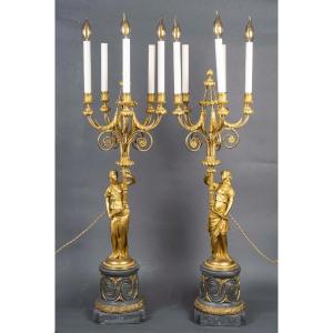Pair Of Louis XVI Style Chiseled And Gilded Bronze Candelabra