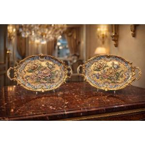 Pair Of Gilt Bronze And Polychrome Cloisonné Enamel Trays, Attributed To Alphonse Giroux 