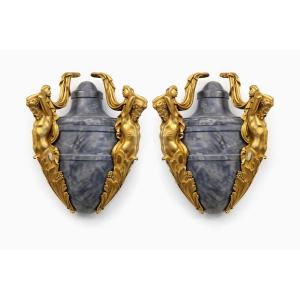 Pair Of Wall Vases In Patinated Wood And Gilt Bronze – Neoclassical Style, 19th Century