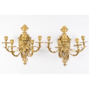 Pair Of Five-light Gilt Bronze Wall Sconces, 19th Century