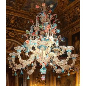 Murano Venetian Chandelier, 19th Century - Twelve Polychrome Glass Light Arms