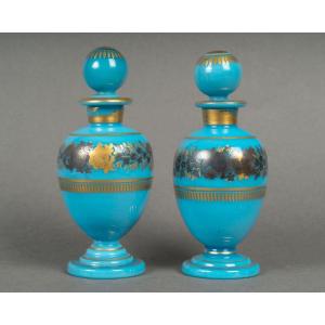 Pair Of Opaline Bottles, Enameled By Jean-babptiste Desvignes, Charles X