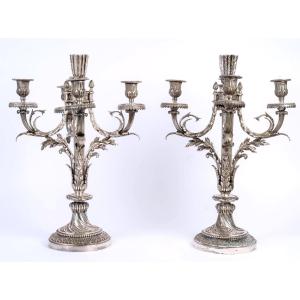 Rare Pair Of Silver-plated Bronze Candelabra - 19th Century