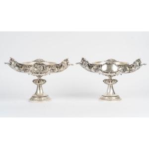 Pair Of Silver-plated Bronze Bowls On Pedestals, France, 1881