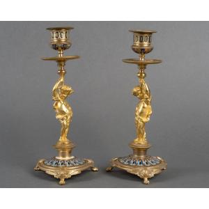 Pair Of Bronze Torches, 19th Century, Empire Style