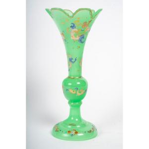 Green Opaline Vase - 19th Century - Enamelled Decoration
