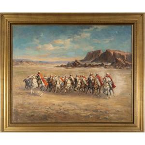 Scene Of Berber Riders In The Desert - Oil On Canvas, Late 19th Century