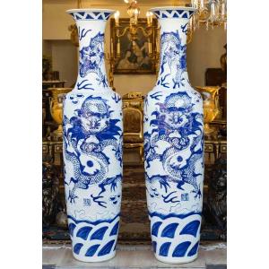 Pair Of Large Blue And White Porcelain Vases Decorated With Dragons