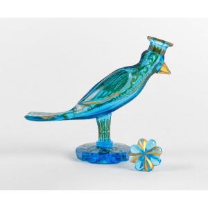Oiseau De Bohême Bottle In Blue Glass With Silver And Gold Enamel Decoration