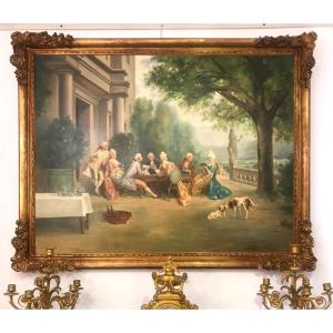 Gallant Scene In An Aristocratic Park - Oil On Canvas, 19th Century