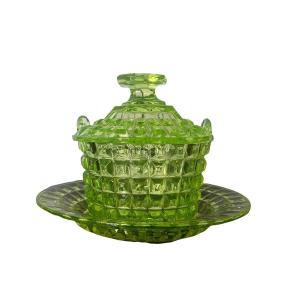 Green Ouraline Sugar Bowl With Plate, 19th Century