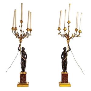 Pair Of Large Candelabra With Caryatids In Patinated And Gilded Bronze, 19ᵉ Century