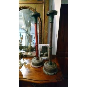 Pair Of Painted Wooden Candles, Late 18th/early 19th Century 