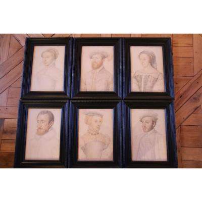 Series Of 6 20th Century Reproductions Of School Drawings From Clouet
