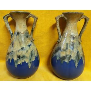Pair Of Flamed Enamel Stoneware Vases Saint-uze Alpho Art Deco 1930