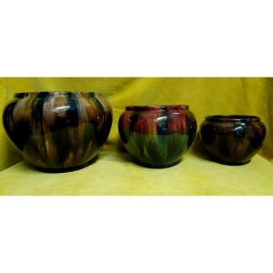 Lot 3 Cache Pots Vases Balls In Glazed Terracotta By J Massier (1850-1916) Vallauris