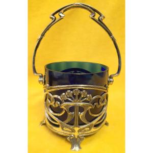 Small Blue Glass Cup With Ansée Frame In Metal Art Nouveau 1900