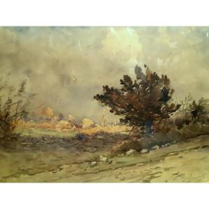 Watercolor Country Landscape Around 1890 By Ernest Designolle (1850-1941)