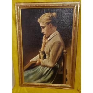 Large Oil Young Woman Reader In Her Thoughts Monogrammed Ab 1903.