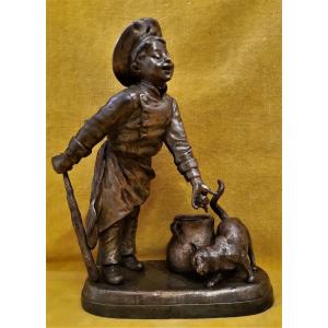 Satyrical Sculpture "little Commis De Cuisine Attracting A Cat ..." By Georges Maxim Circa 1930