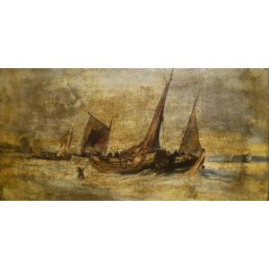 Oil On Marine Canvas Fishing Boats Arriving On The Beach Framed By Karl Ben XIXth