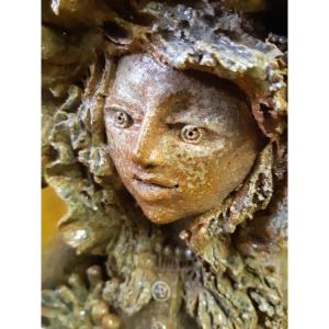Grande Sculpture en Grés émaillée (49 Cm)" Femme aux Oiseaux "Atelier CATIDO La Borne 20éme