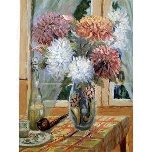 Bouquet Of Colorful Chrysanthemums Still Life Post Impressionist G.r.monot 1950/60