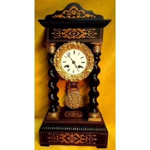 Louis Japy Portico Clock Twisted Columns Clear Marquetry Gilt Bronze Napoleon III