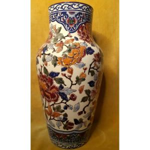 Large Vase (37cm) From The Gien Manufacture With Hand Painted Peonies Decor.