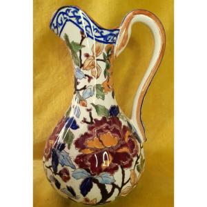 Ribbed Ansé Pitcher From The Gien Manufacture With Hand-painted Peony Decor