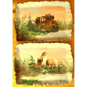 Pair Of Small Limoges Porcelain Dishes Decorated With Farm Animals Painted “1900”