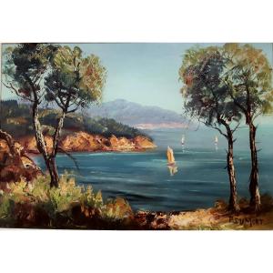 Marine Oil On Canvas Bay With Boats By Pierre Dumont (1920-1987)