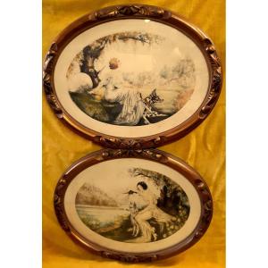 2 Framed Colored Oval Engravings Elegant Women And Dogs By Andre Art Deco 1920-1930