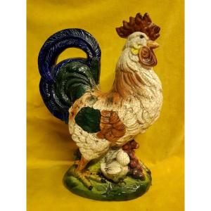 Enameled Barbotine Rooster And Chicks With Grapes 20th Century