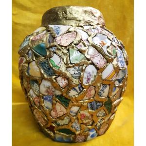 Large Earthenware Vase With Mosaic Crockery 18-19th Century Technique Called "picassiette"