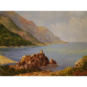 Marine Oil On Canvas Mediterranean Bay By Jacques Duflot (1914-1992) 