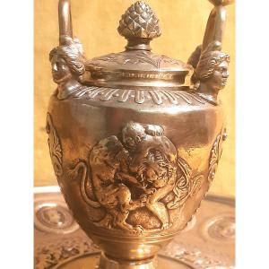 Large Neoclassical Empire Bronze Desk Inkwell, Early 19th Century